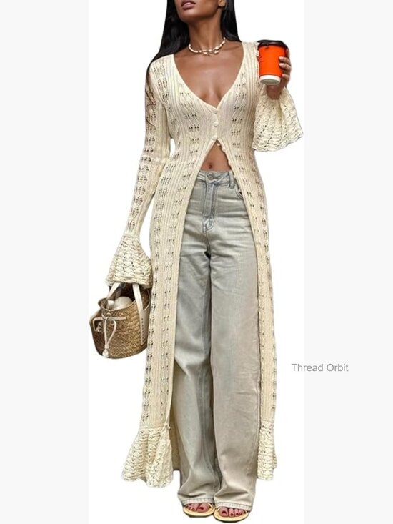 Sweaters - Long Cardigan Sweater Crochet Hollow Out Duster Cover Up Maxi Dress